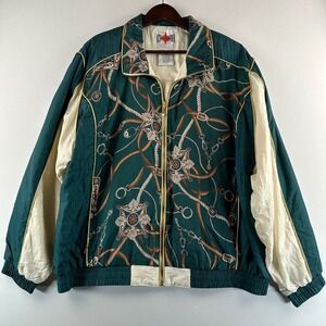 Vtg Active Frontier Equestrian Print Retro Track Jacket Large Full Zip Green New